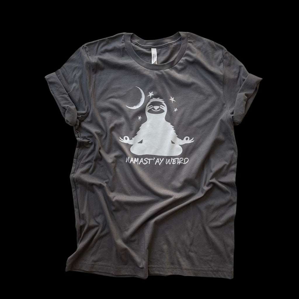 Namast'ay WEIRD Unisex T-shirt with ORIGINAL DESIGN Asphalt Gray with Light Gray Screen Print
