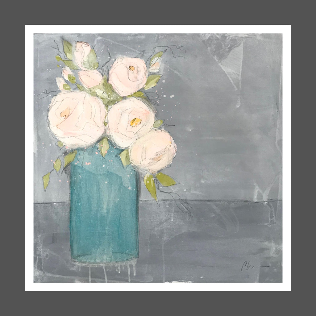 A relaxed painting with loose edges in light pink, coral and white roses in a teal transparent vase.  Table and background are in shade of medium to dark gray with white wash. Marks, brush strokes and drips are visible.
