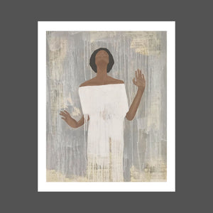 A painting of an African American woman with her face to the Heavens, eyes closed, hands slightly up. She's wearing a white dress and her skin is a medium brown with dark, shorter afro.