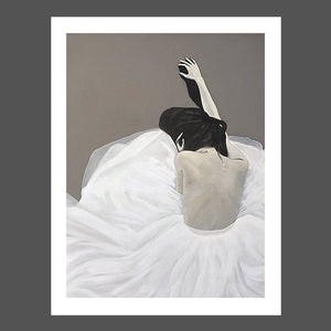 This painting was inspired by a photograph.  I imagined she could be a ballerina, exhausted after a long show... she could be a woman getting ready for a formal event and she's  over it... or she could be coming home from that night out and just never made it out of her skirt! LOL  She's whatever you want her to be! The painting is black and white with gray background.  