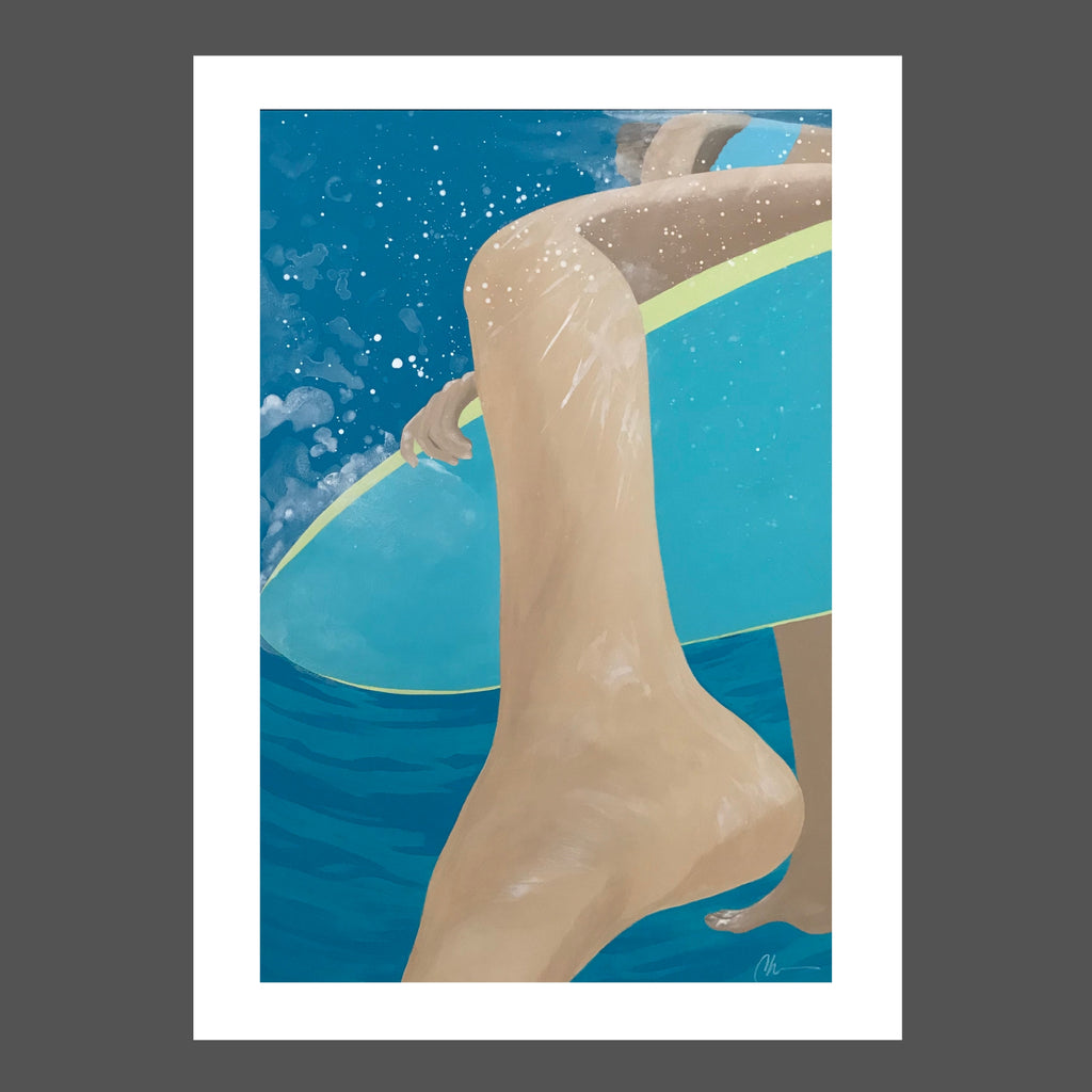 This painting is of a woman or girl on a surfboard.  The view is from under the water and shows the depth perception from a unique angle.  The water is transparent azure blue with ripples and bubbles on the surface.  The sunlight is penetrating the water and reflects on her leg below the surface.  The surfboard is blue with a yellow green edge.