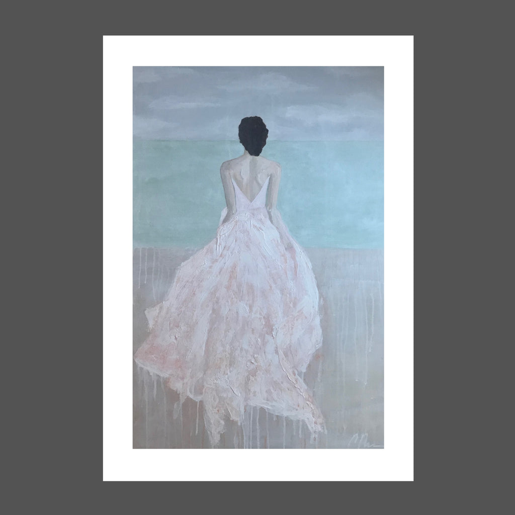 This painting is of a woman who is running on the beach towards the ocean.  She's wearing a long flowing silk dress in light coral. Her brunette hair is pinned up. The sky is shades of gray. The sea is shades of sage green and sea foam with beige sand beneath her he feet.  She's free.