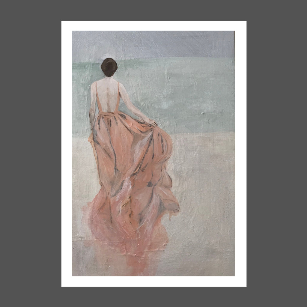 This painting is of a woman who is running on the beach towards the ocean.  She's wearing a long flowing silk dress. Her brunette hair is pinned up. The sky is shades of gray. The sea is shades of sage green and sea foam with beige sand beneath her he feet.  She's free.