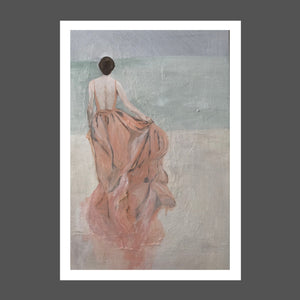 This painting is of a woman who is running on the beach towards the ocean.  She's wearing a long flowing silk dress. Her brunette hair is pinned up. The sky is shades of gray. The sea is shades of sage green and sea foam with beige sand beneath her he feet.  She's free.