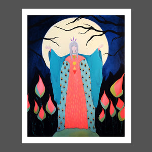 This painting is a beautiful goddess with her arms raised in celebration of the flower moon.  The setting is a night garden with melon colored flowers, indigo hues with shadows of tree branches.  She's standing on a sphere symbolizing the earth.  She's dressed in a melon pink long dress and wearing a robe in aquas with peacock feather designs on the inside.  She's wearing a crown in purple symbolizing the top of her chakra colors that follow down her chest, which appear like jewels. 