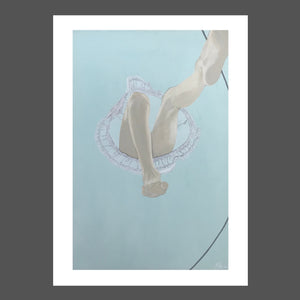 A whimsical view from a bugs eye looking up at a girl or young woman jumping rope. Her dress is a sheer linen with light showing through and a blue sky.  This painting is playful and a different perspective.