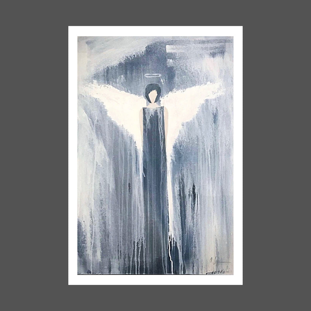 This painting is of a more modern version.  She's strong and mysterious.  The painting is primarily black and white with light skin tones on the angel.  Several layers of white wash, brush strikes and drips are highly visible.