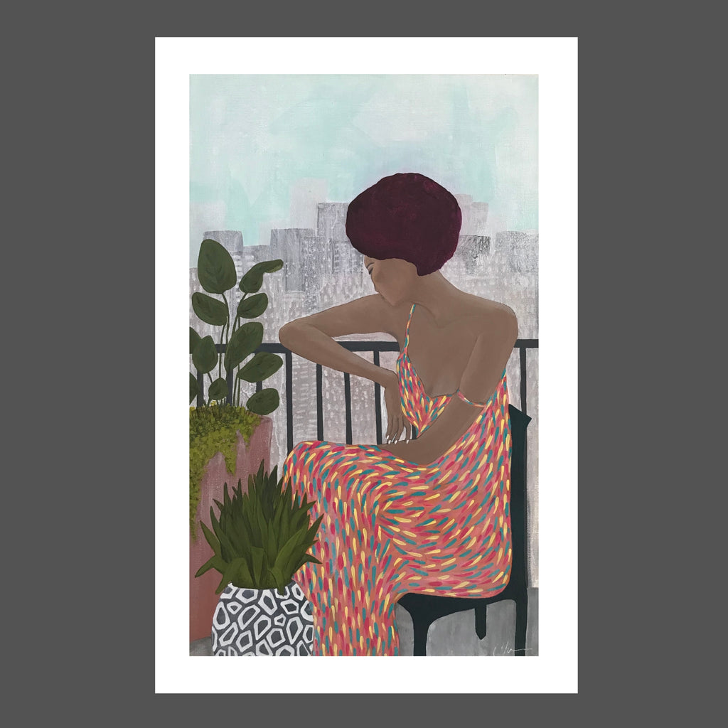 Painting of a Beautiful African American woman sitting on her high rise balcony, overlooking the city below. Surrounded by plants with geometric patterns, wearing a colorful long dress with yellow, pink, aqua. Mahogany  hair with short Afro and glowing skin.  Blue sky with shades of gray and white.