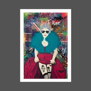 This is a fun and provocative painting of Queen Elizabeth. Her possible alter ego.  she's wearing Ray Ban sunglasses, her famous royal crown.  She's showing some cleavage and some leg with her fishnets and tattoos.  The background is of the Union Jack with graffiti and many hidden messages. #thronelife Throne life 