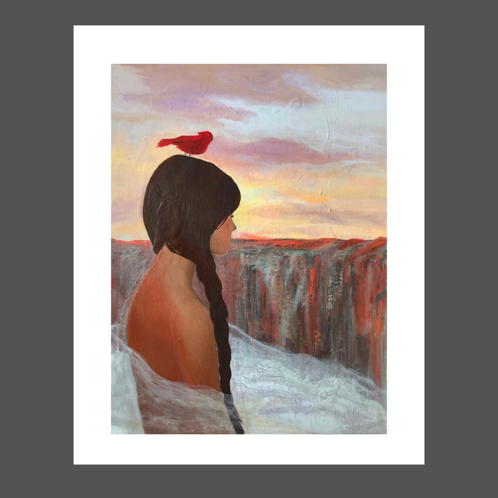 This painting is of a Native American girl.  She's young with an old soul.  Her skin is brown with red tones.  Her hair is dark and braided.  There cardinal on her head is a deep red.  The canyon and mountains are many tones of reds and browns.  The sky is blue with purple, yellow and orange,