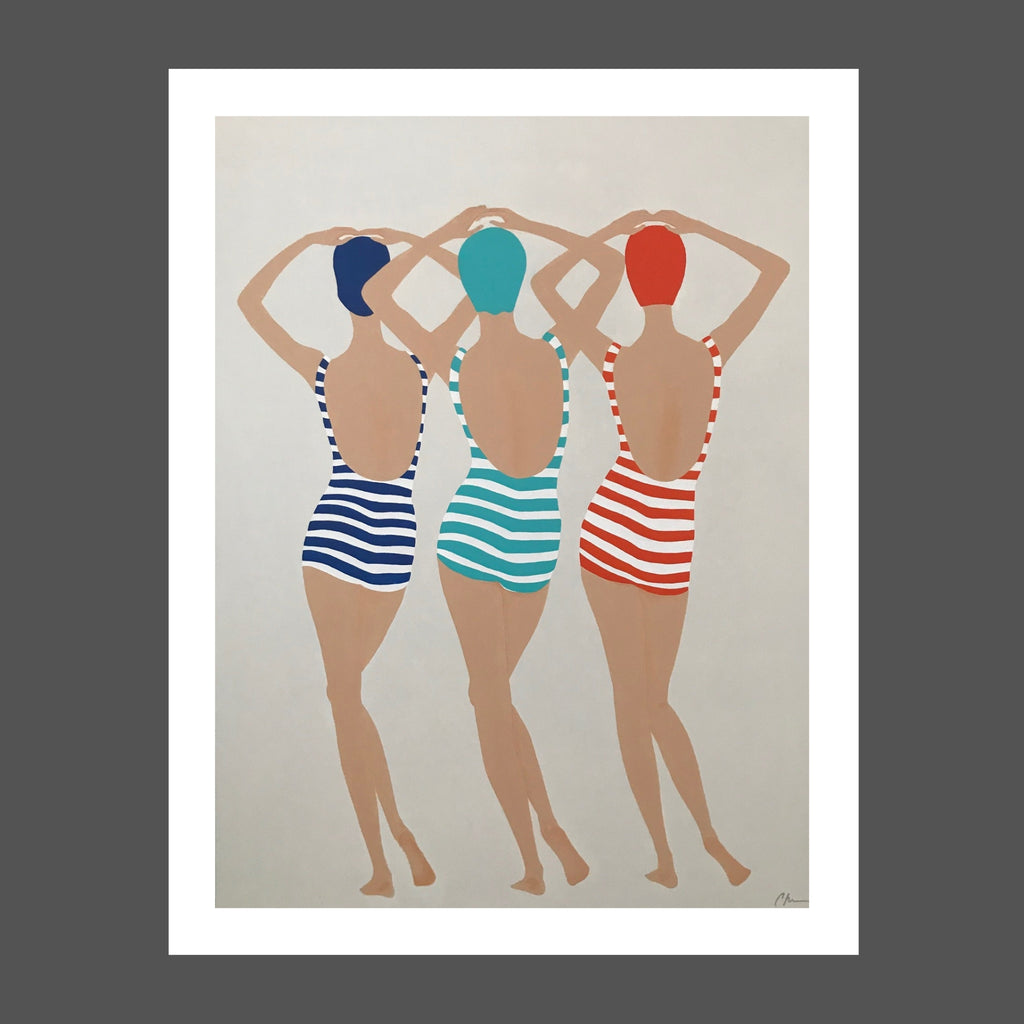 This painting was inspired by a vintage illustration.  There are 3 ladies, women, probably synchronized swimmers.  Thy're posed with their hips to the side and arms above their heads.  The swimsuits are striped in red, blue and turquoise.  Each swimmer has a matching cap to their suit.  Skin tones are soft tan.  Figures are reminiscent of the 1920s or 1930s.  