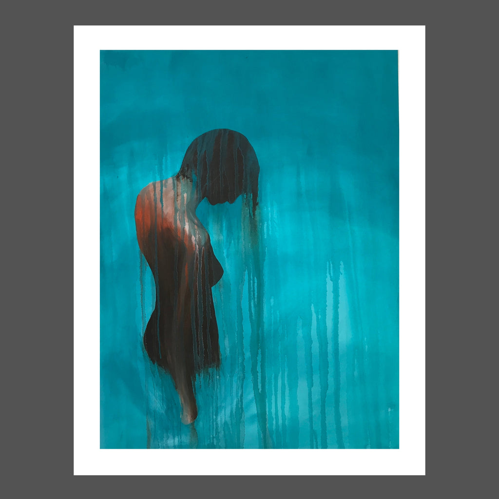 This painting is of a woman in a body of aqua water.  She's nude and tan.  She's free and uninhibited 