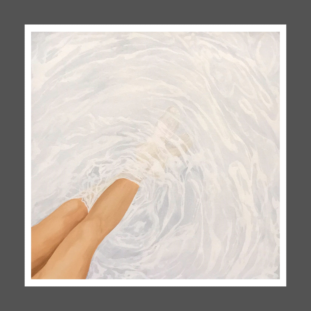 This painting is of a woman's tan legs, crossed and relaxing by the pool.  Her feet are in the water and can be seen through the clear water with shades of white and light gray.